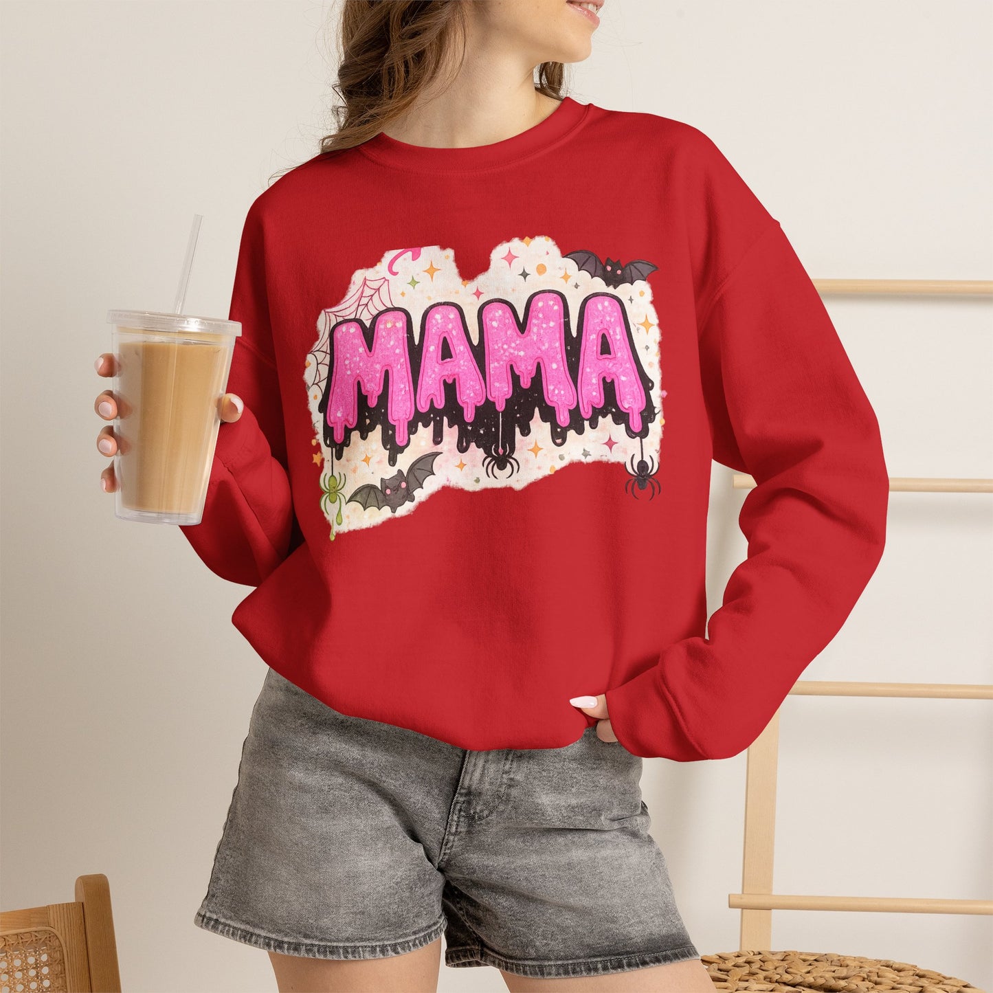 Mama spooky drip graphic Sweatshirt | Halloween bats, pink slime text