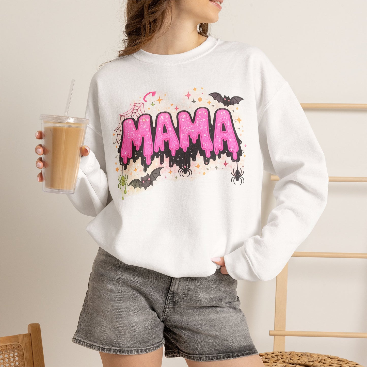Mama spooky drip graphic Sweatshirt | Halloween bats, pink slime text