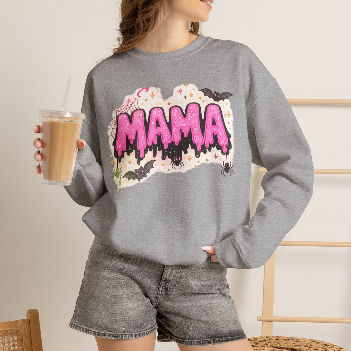 Mama spooky drip graphic Sweatshirt | Halloween bats, pink slime text