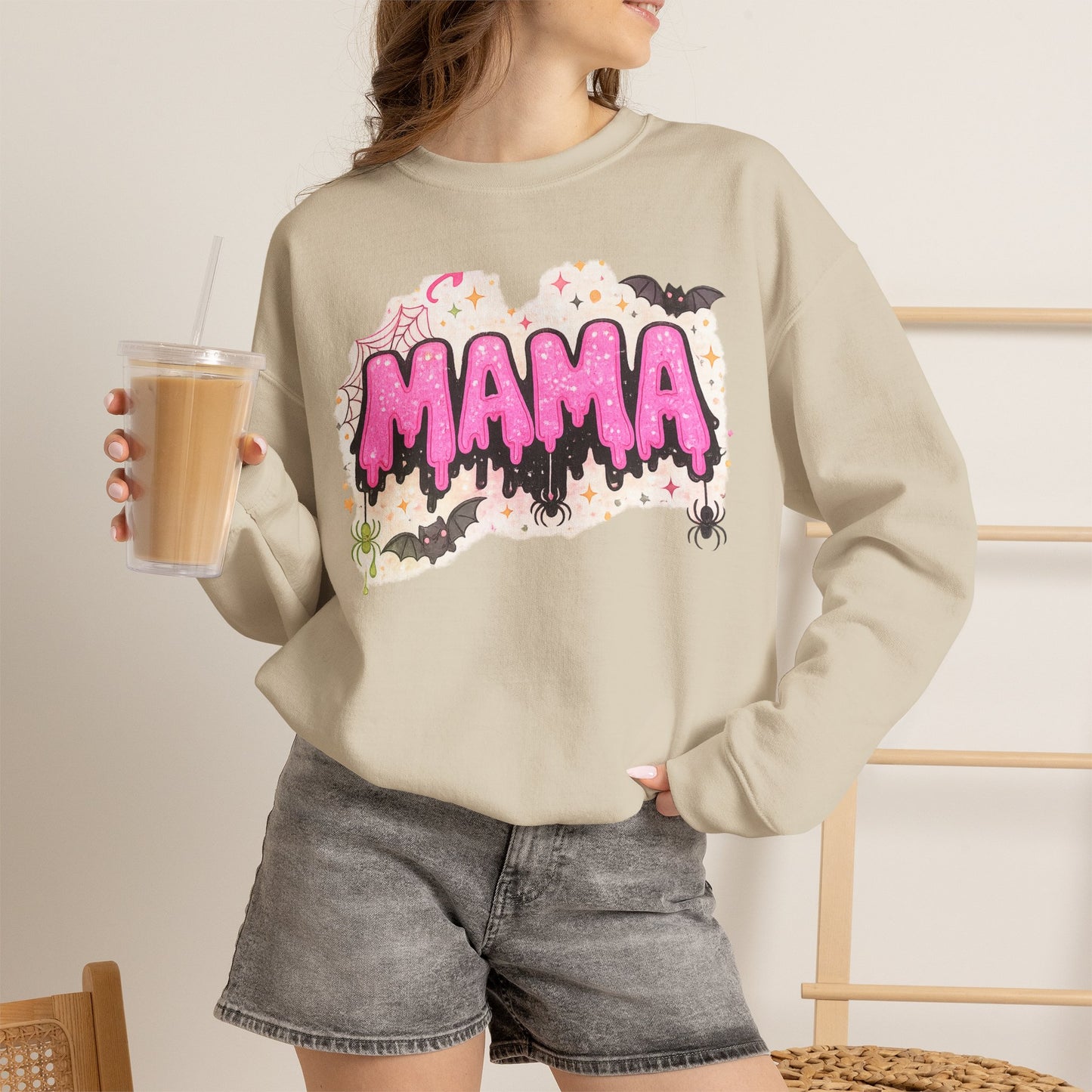 Mama spooky drip graphic Sweatshirt | Halloween bats, pink slime text