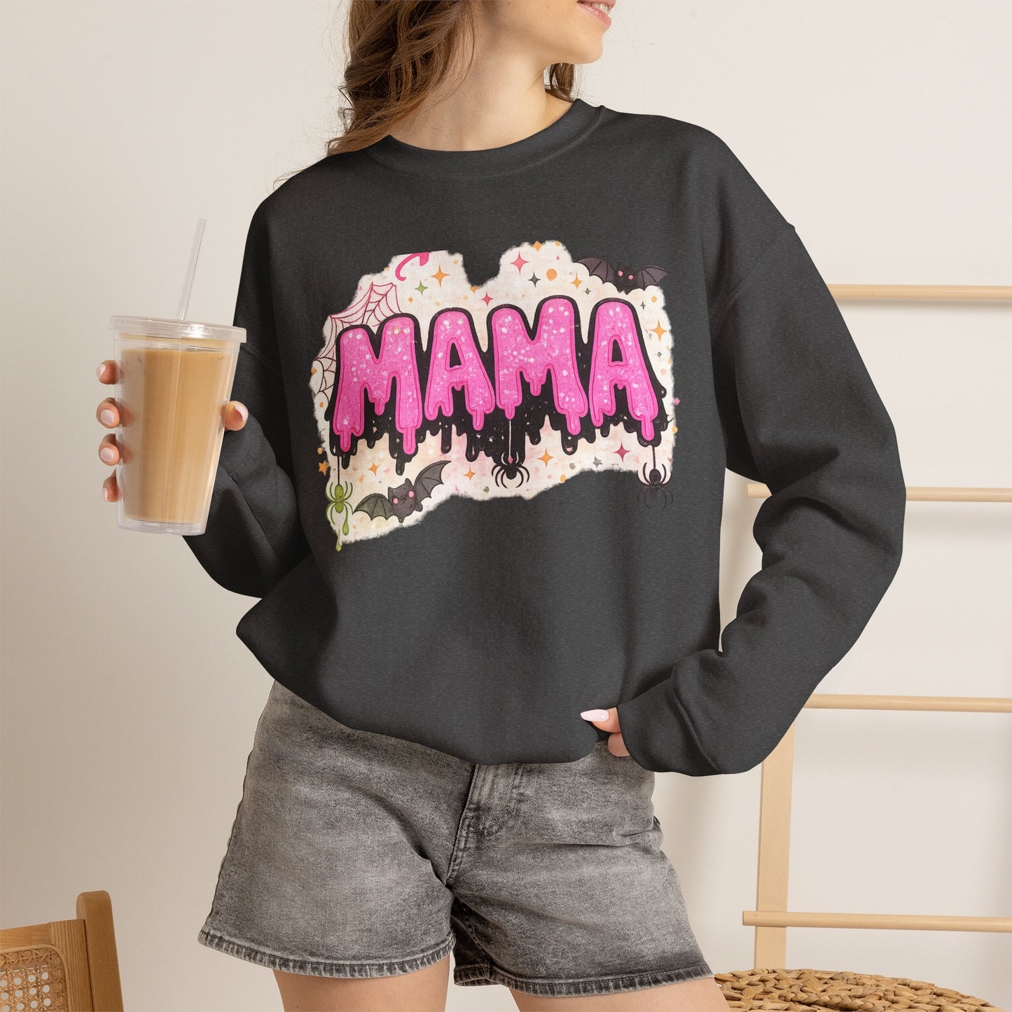 Mama spooky drip graphic Sweatshirt | Halloween bats, pink slime text