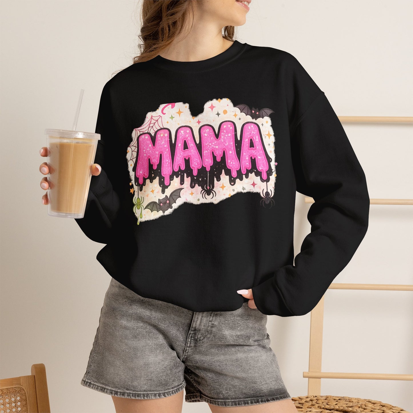 Mama spooky drip graphic Sweatshirt | Halloween bats, pink slime text