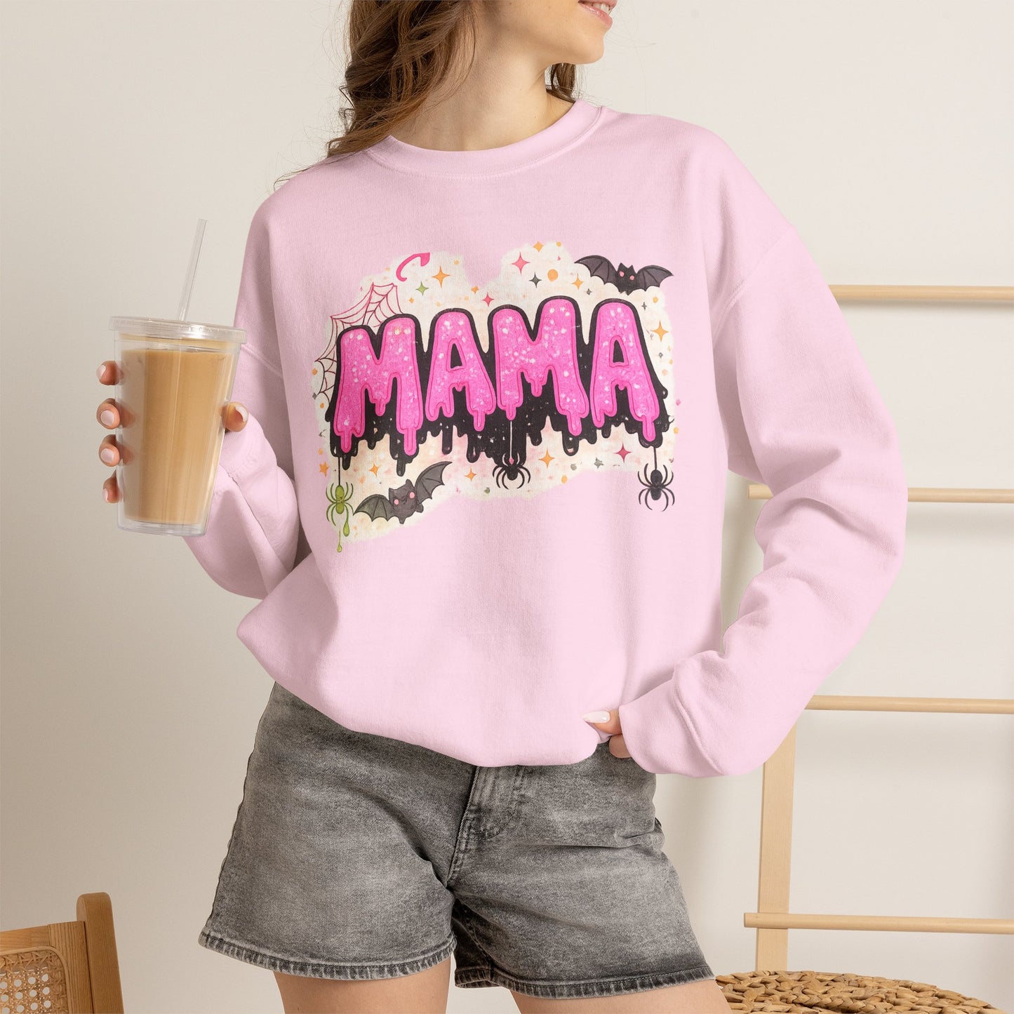 Mama spooky drip graphic Sweatshirt | Halloween bats, pink slime text